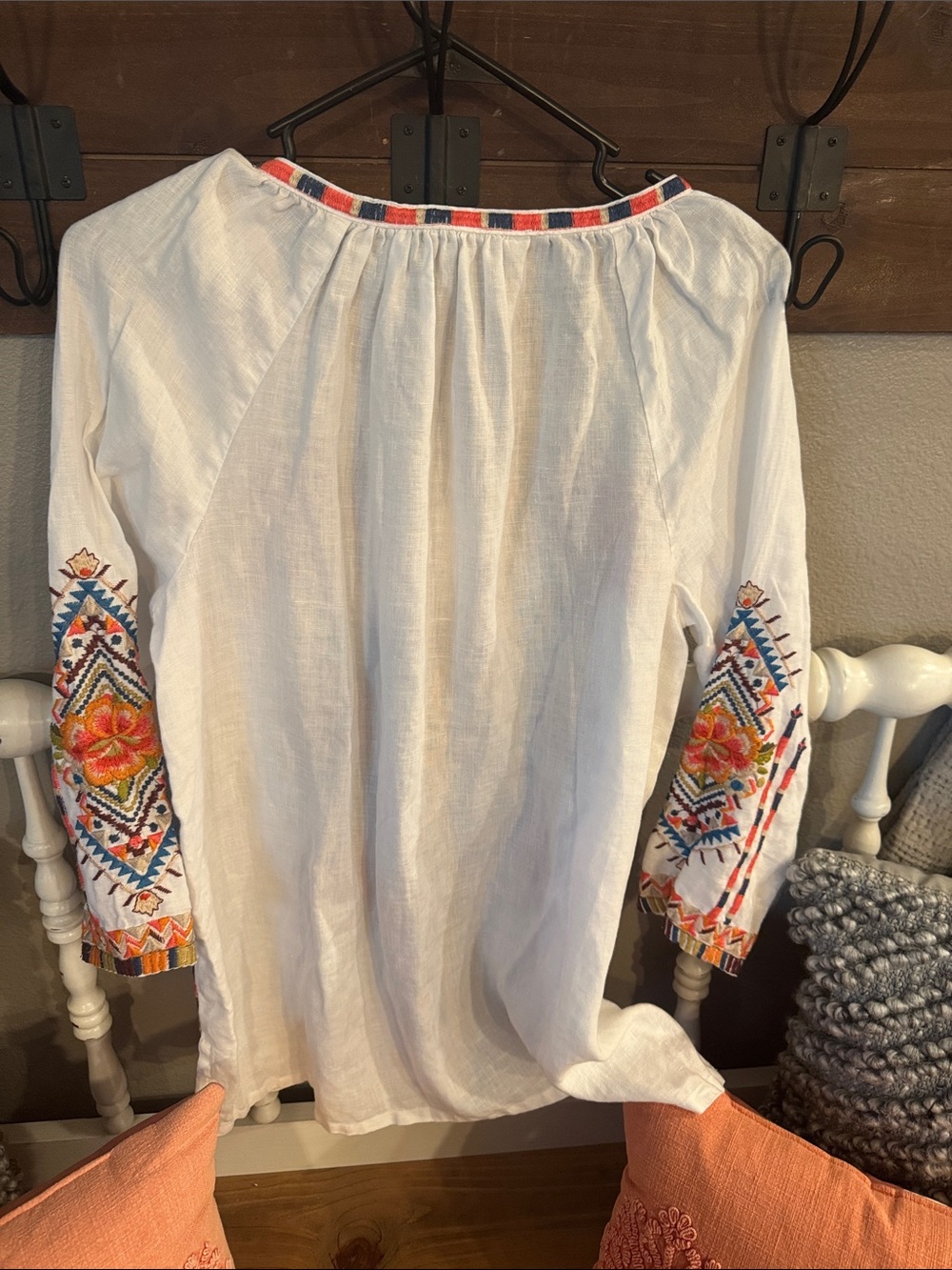 Johnny Was embroidered boho Peasant Top - White with Orange & Blue Floral detail - Picture 2 of 7